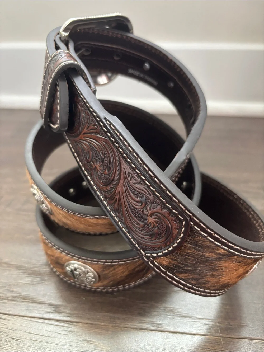 3D Belt Co.Genuine Leather,tooled,calf hair,cross concho,removable silver buckle